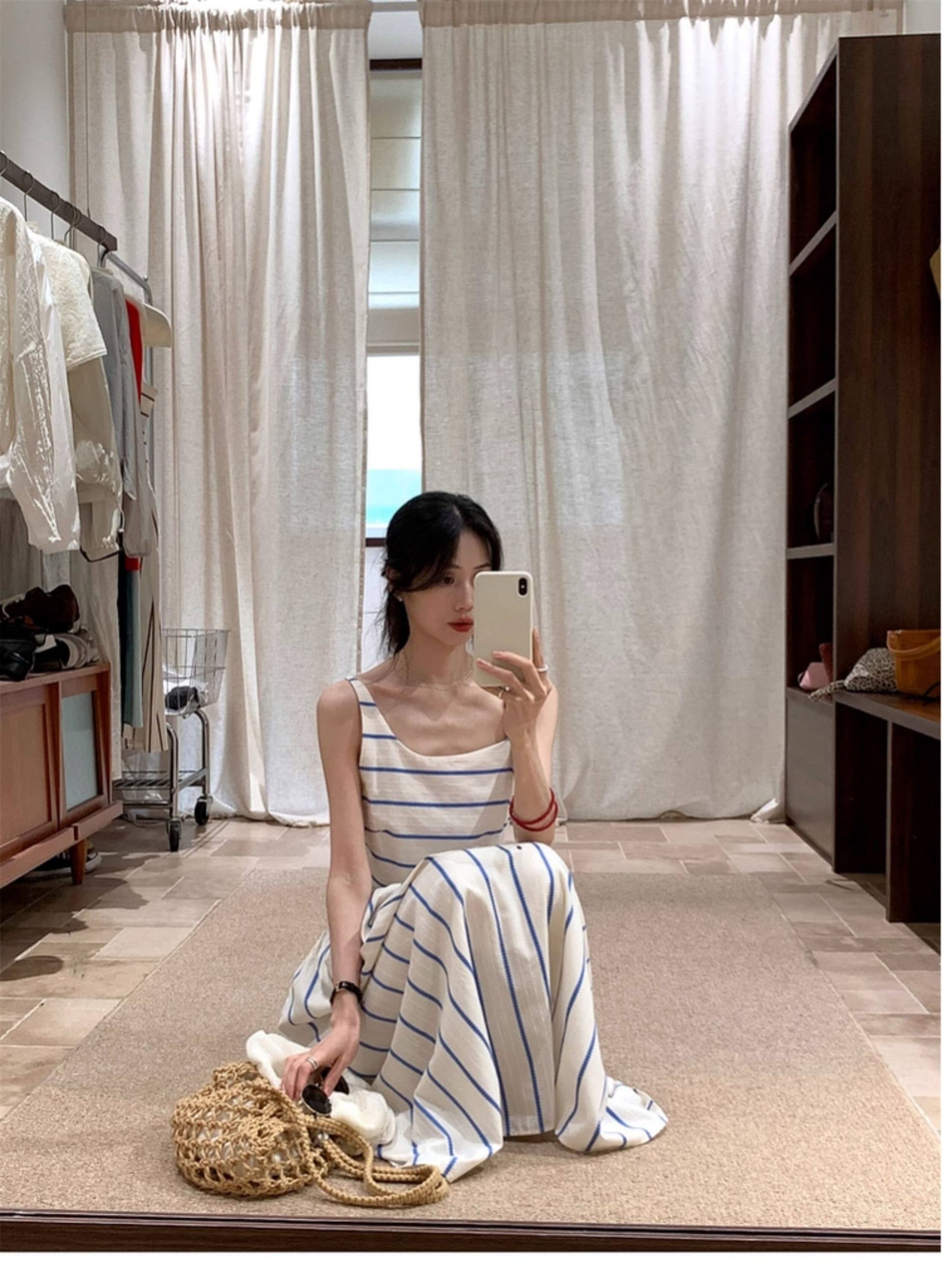 프랑스식 휴가 바람 Chic 불규칙 칼라 디자인 레이스 패치워크 세로 줄무늬 허리 수축 슬림해 보이는 슬립 여성 드레스 상세 이미지 9