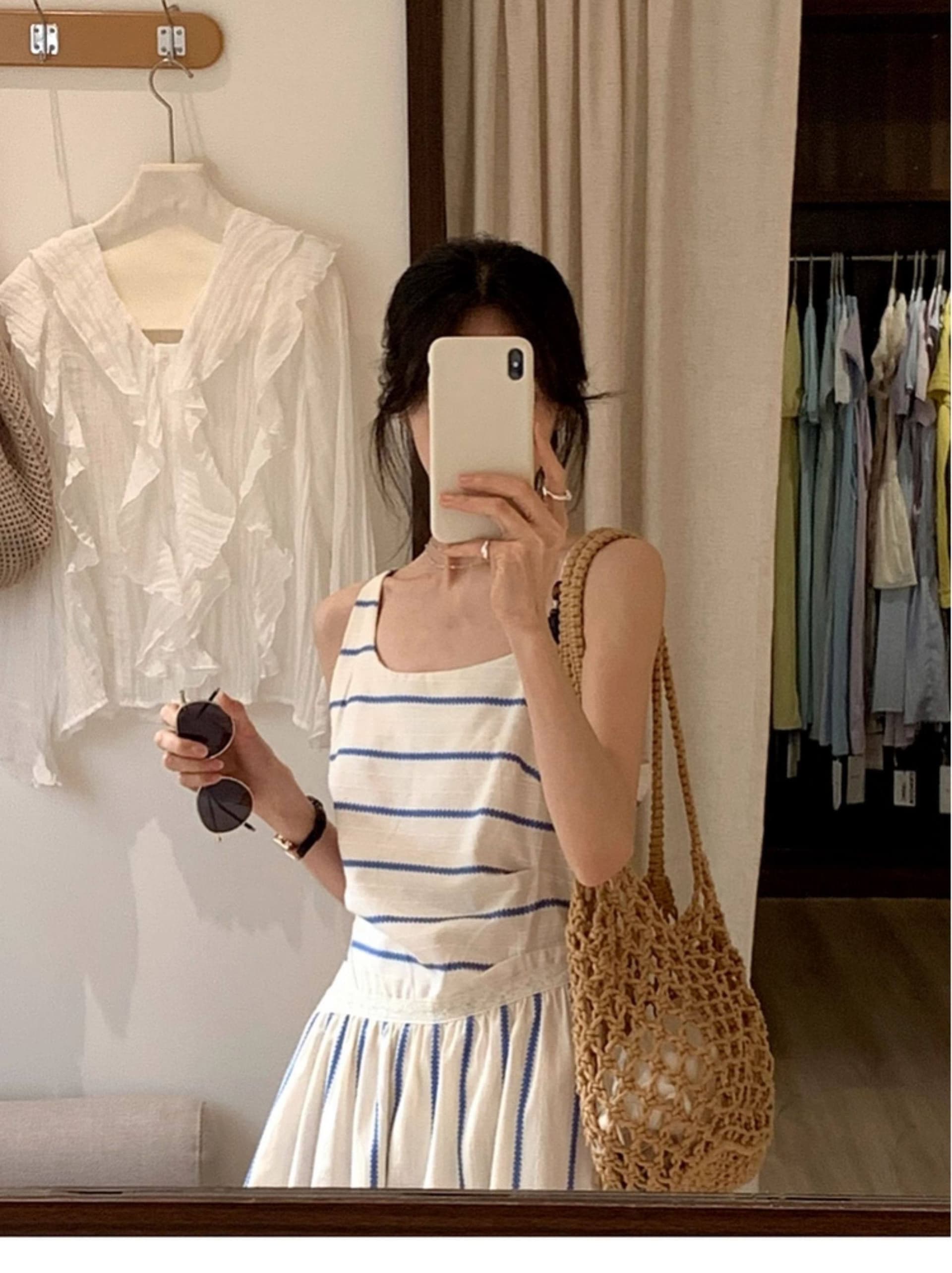 프랑스식 휴가 바람 Chic 불규칙 칼라 디자인 레이스 패치워크 세로 줄무늬 허리 수축 슬림해 보이는 슬립 여성 드레스 상세 이미지 11