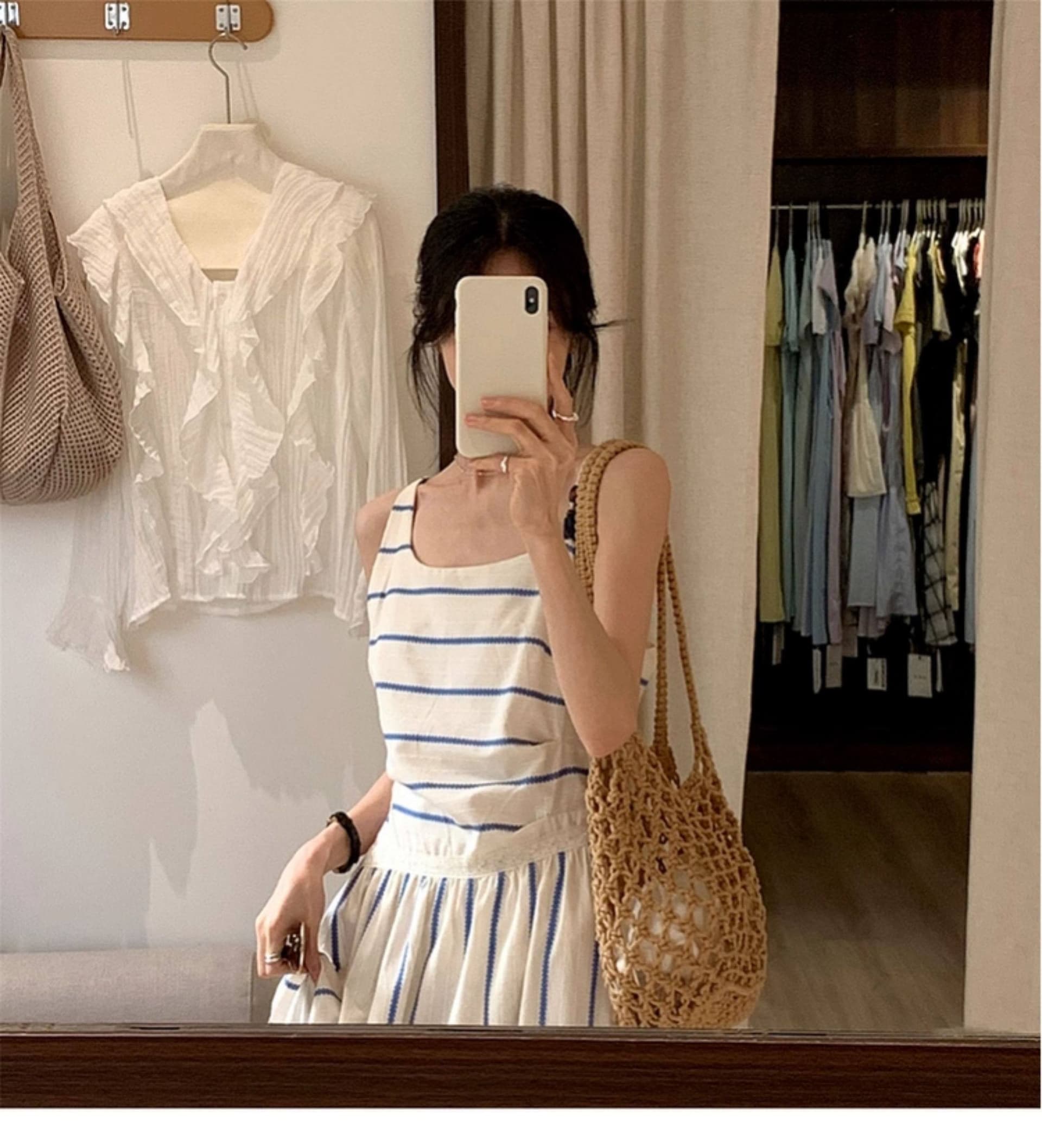 프랑스식 휴가 바람 Chic 불규칙 칼라 디자인 레이스 패치워크 세로 줄무늬 허리 수축 슬림해 보이는 슬립 여성 드레스 상세 이미지 12