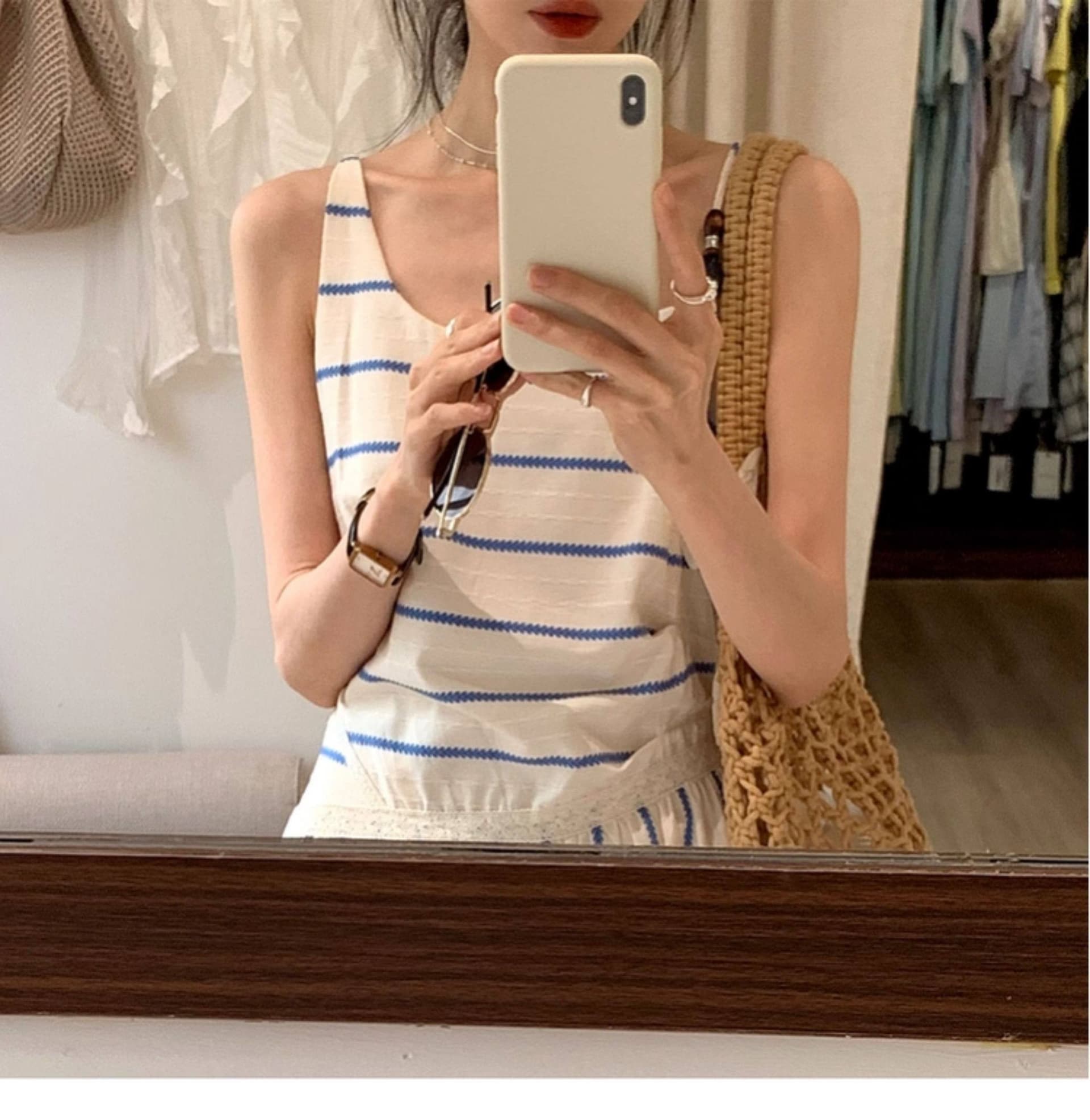 프랑스식 휴가 바람 Chic 불규칙 칼라 디자인 레이스 패치워크 세로 줄무늬 허리 수축 슬림해 보이는 슬립 여성 드레스 상세 이미지 13