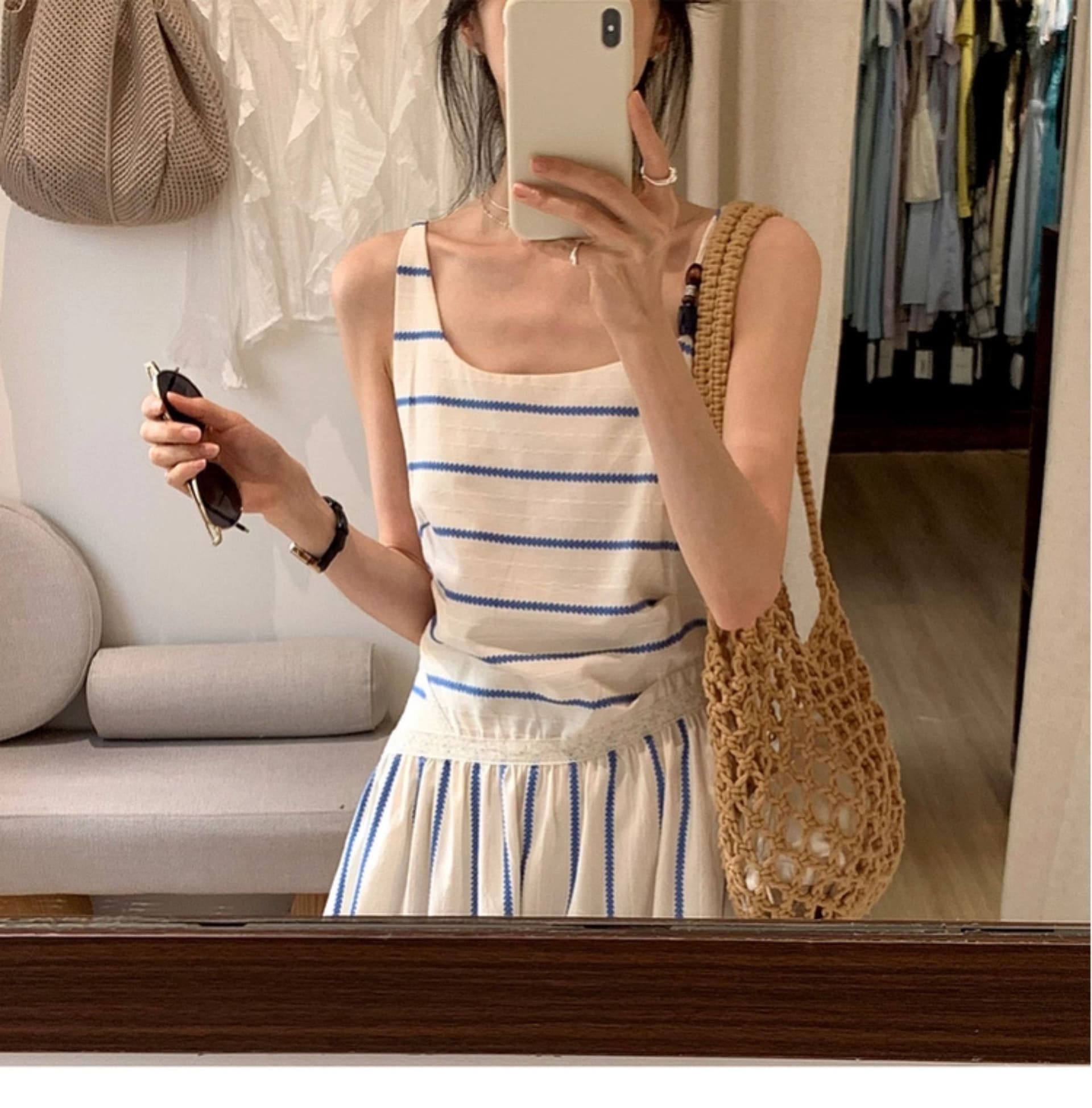 프랑스식 휴가 바람 Chic 불규칙 칼라 디자인 레이스 패치워크 세로 줄무늬 허리 수축 슬림해 보이는 슬립 여성 드레스 상세 이미지 14