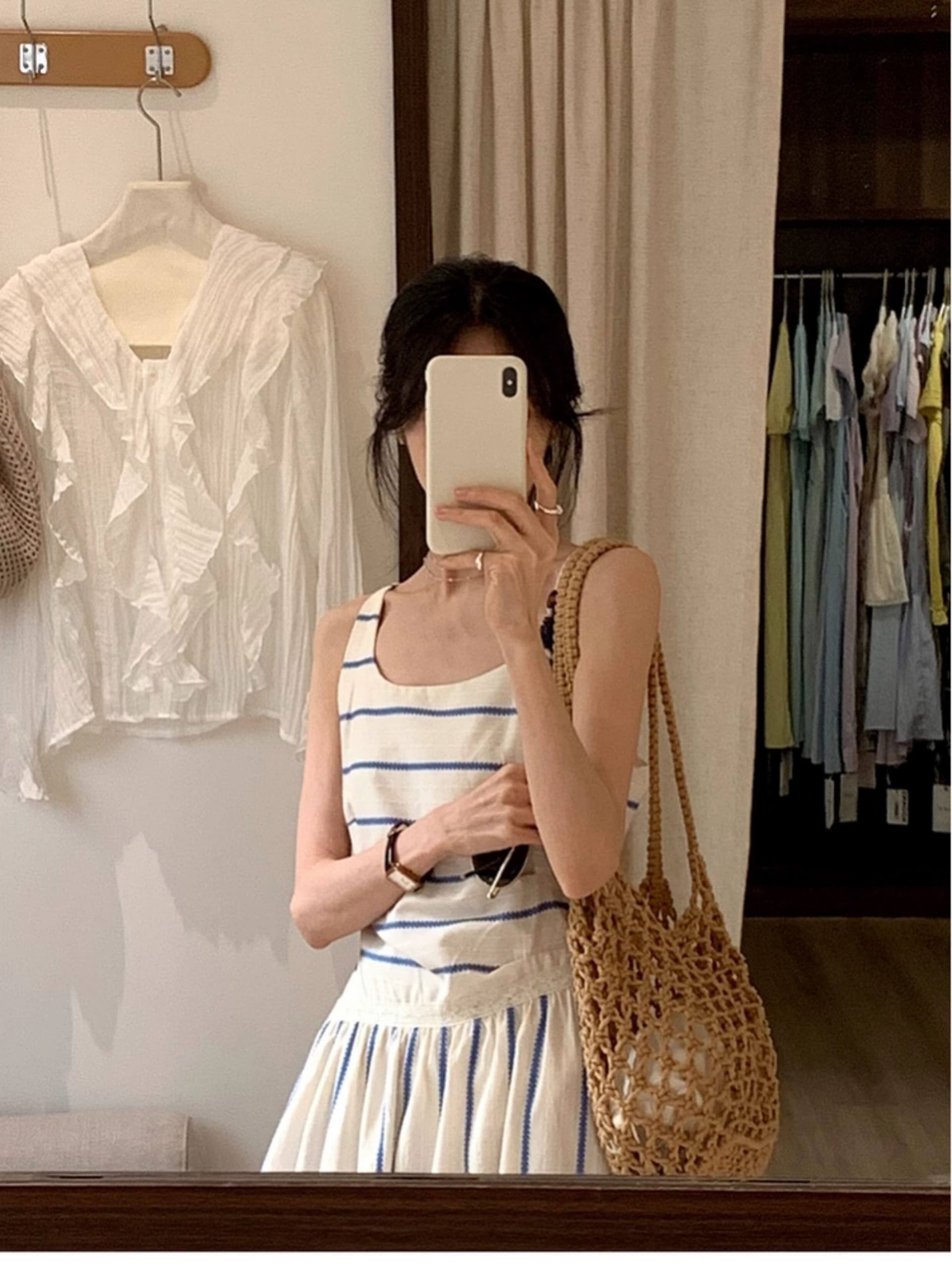 프랑스식 휴가 바람 Chic 불규칙 칼라 디자인 레이스 패치워크 세로 줄무늬 허리 수축 슬림해 보이는 슬립 여성 드레스 상세 이미지 15