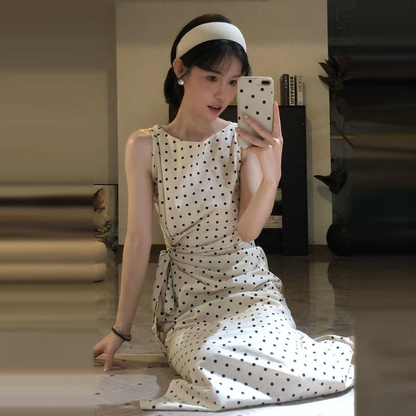 프랑스식 도트 무늬 민소매 여성 드레스 여름 고급 센스 품격 몸매 가꾸기 허리 수축 작은 키 타이트 스커트 중간 길이 치마 이미지 3