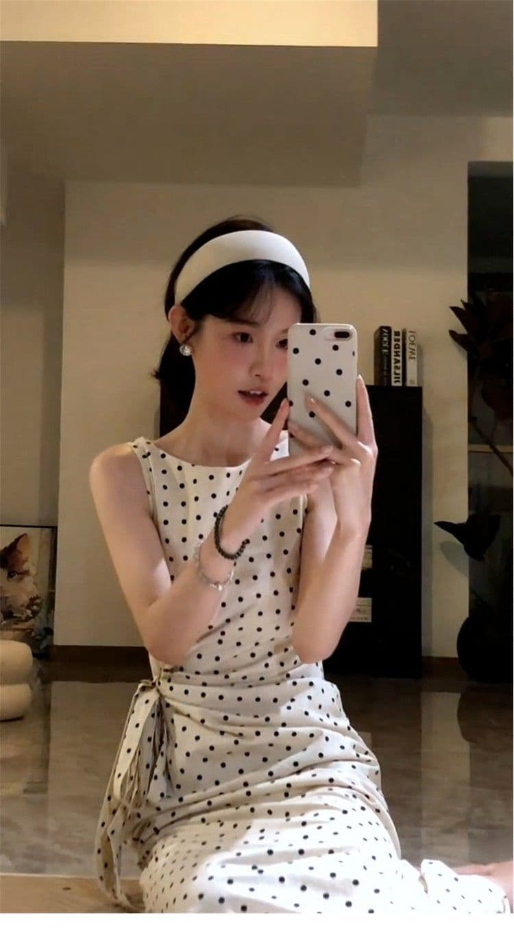 프랑스식 도트 무늬 민소매 여성 드레스 여름 고급 센스 품격 몸매 가꾸기 허리 수축 작은 키 타이트 스커트 중간 길이 치마 상세 이미지 5