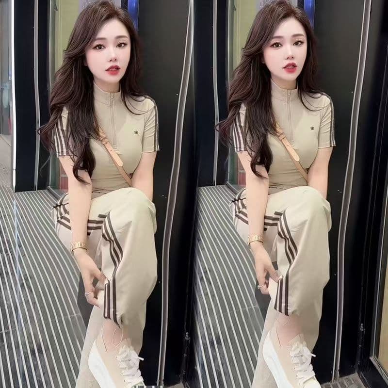 패션 2026 새로운 세트 반팔 지퍼 연령 감소 맨위 슬림해 보이는 티셔츠 속도 건조한 자외선 차단 와이드 레그 팬츠 투피스 세트 이미지 4