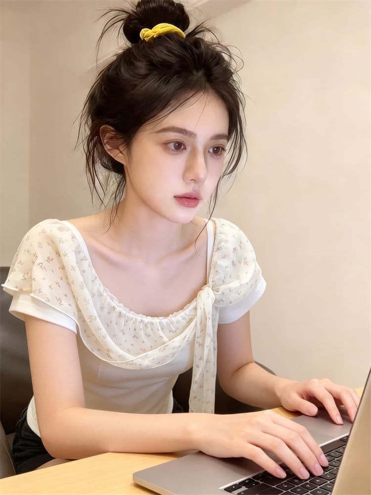 사람들 면 260 그램 순수한 욕망 디자인 센스 반팔 티셔츠 여성 여름 나비 매듭 스트랩 허리 수축 몸매 가꾸기 슬림해 보이는 맨위 이미지 4