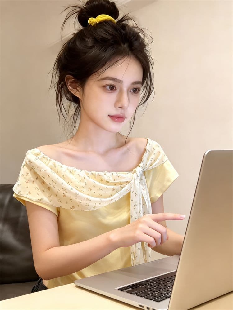 사람들 면 260 그램 순수한 욕망 디자인 센스 반팔 티셔츠 여성 여름 나비 매듭 스트랩 허리 수축 몸매 가꾸기 슬림해 보이는 맨위 이미지 3