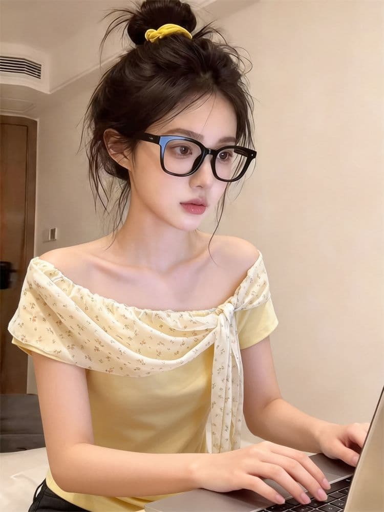사람들 면 260 그램 순수한 욕망 디자인 센스 반팔 티셔츠 여성 여름 나비 매듭 스트랩 허리 수축 몸매 가꾸기 슬림해 보이는 맨위 상세 이미지 5
