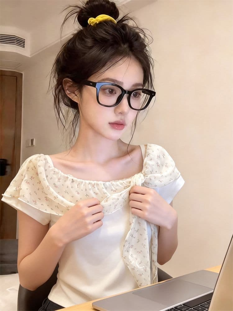 사람들 면 260 그램 순수한 욕망 디자인 센스 반팔 티셔츠 여성 여름 나비 매듭 스트랩 허리 수축 몸매 가꾸기 슬림해 보이는 맨위 상세 이미지 7