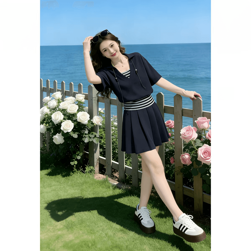 한 부서 패션 연령 감소 운동복 세트 여성 여름 학생 루즈핏 페이크 레이어드 반팔 미니 스커트 캐주얼 투피스 세트 이미지 3