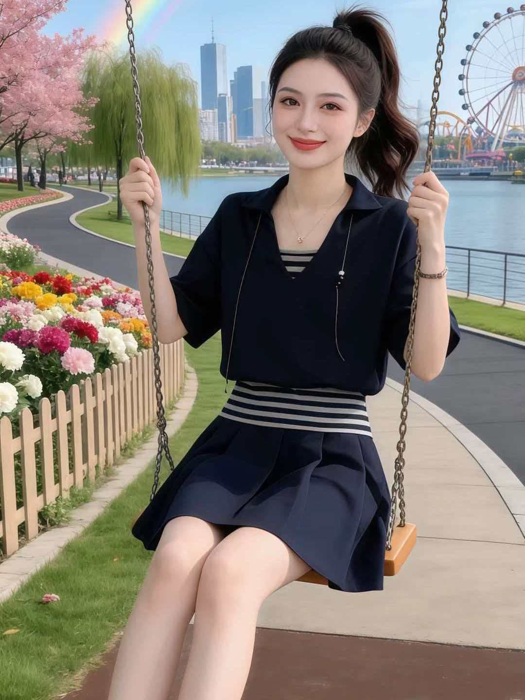 한 부서 패션 연령 감소 운동복 세트 여성 여름 학생 루즈핏 페이크 레이어드 반팔 미니 스커트 캐주얼 투피스 세트 상세 이미지 4