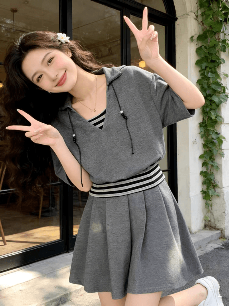 한 부서 패션 연령 감소 운동복 세트 여성 여름 학생 루즈핏 페이크 레이어드 반팔 미니 스커트 캐주얼 투피스 세트 상세 이미지 6