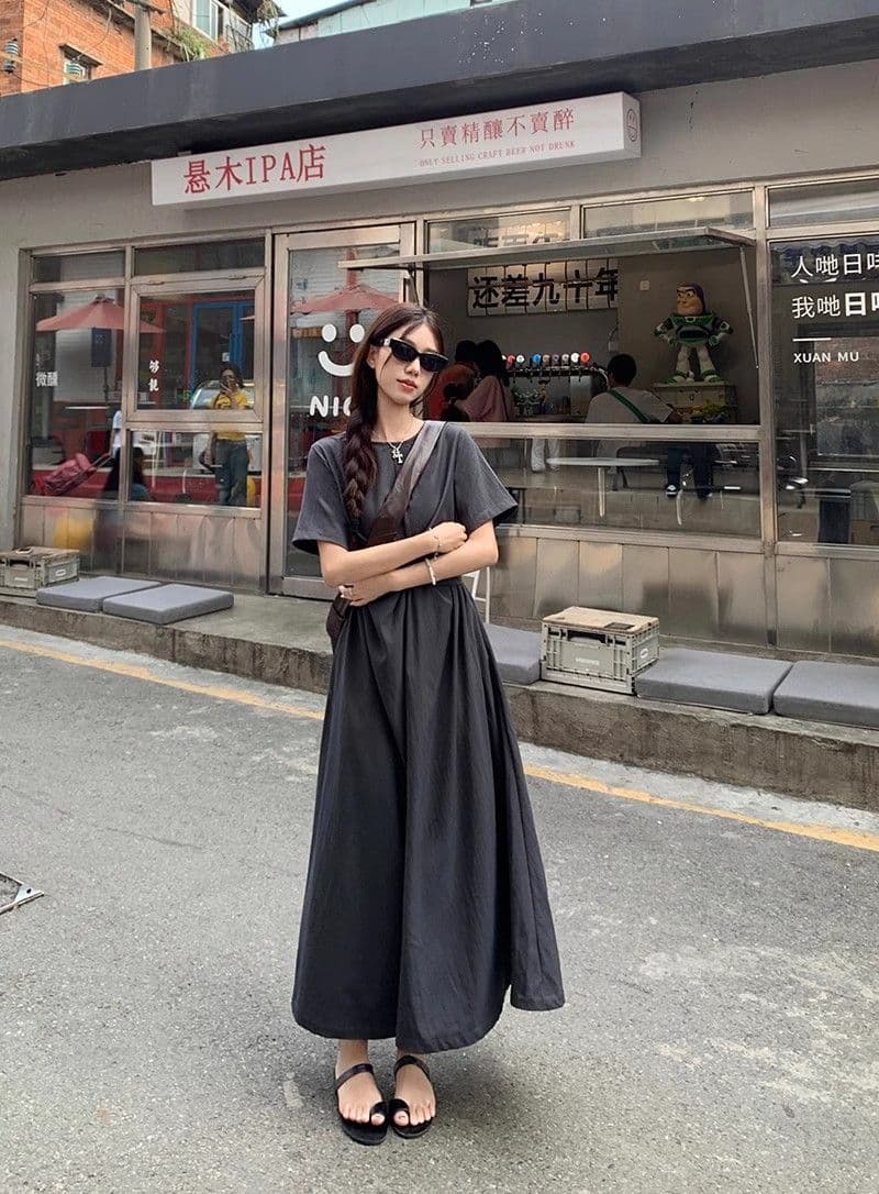 작은 대중 디자인 십자가 스트랩 반팔 드레스 여름 여성 품격 고급 센스 허리 수축 슬림해 보이는 a 단어 길이 치마 상세 이미지 9