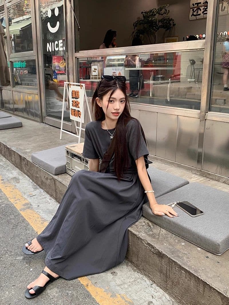 작은 대중 디자인 십자가 스트랩 반팔 드레스 여름 여성 품격 고급 센스 허리 수축 슬림해 보이는 a 단어 길이 치마 상세 이미지 11