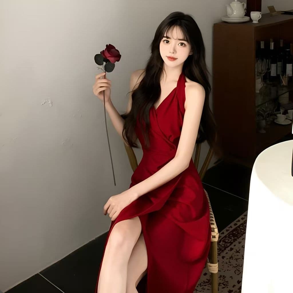 빅 사이즈 여성 의류 새로운 지방 mm 표지 배 슬림해 보이는 빨간색 슬립 롱 스커트 프랑스식 고급 행침 목 드레스 여름 상세 이미지 3