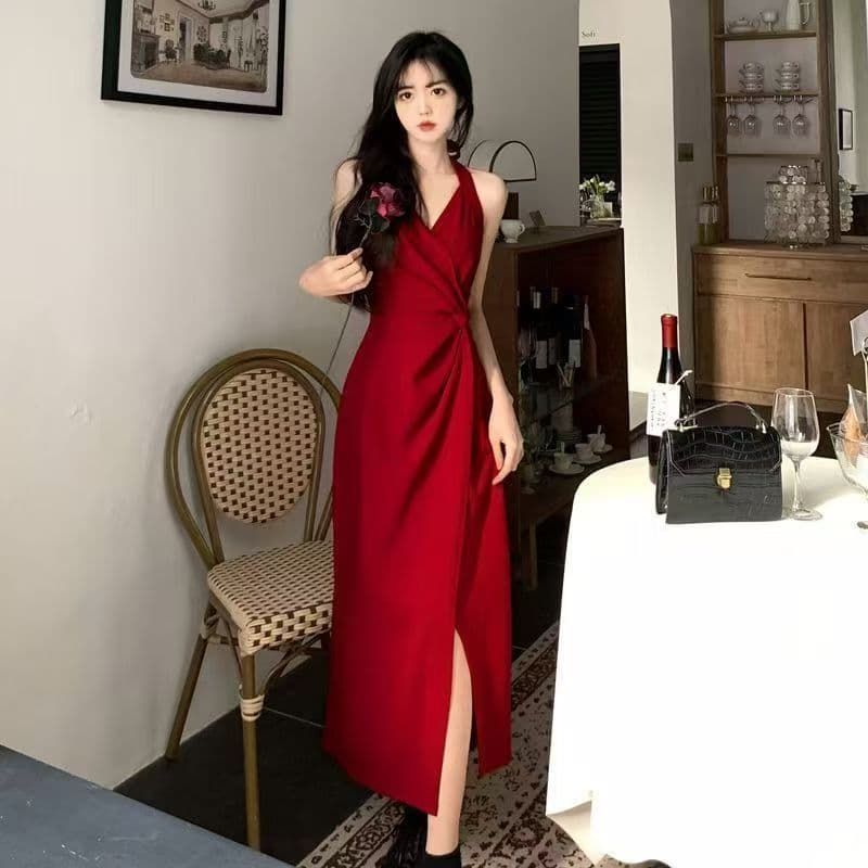 빅 사이즈 여성 의류 새로운 지방 mm 표지 배 슬림해 보이는 빨간색 슬립 롱 스커트 프랑스식 고급 행침 목 드레스 여름 상세 이미지 4