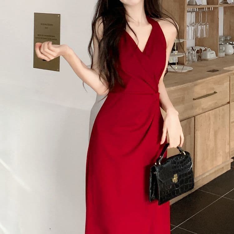 빅 사이즈 여성 의류 새로운 지방 mm 표지 배 슬림해 보이는 빨간색 슬립 롱 스커트 프랑스식 고급 행침 목 드레스 여름 상세 이미지 7