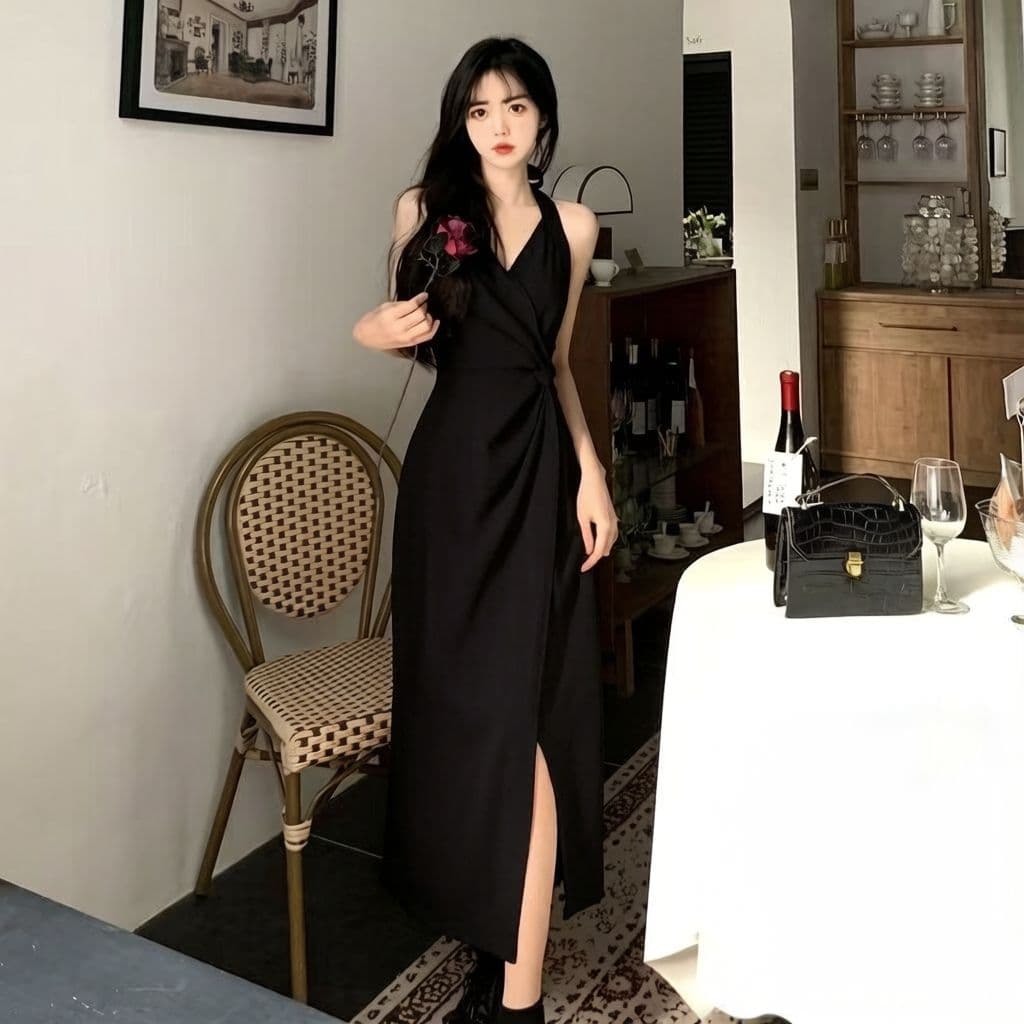 빅 사이즈 여성 의류 새로운 지방 mm 표지 배 슬림해 보이는 빨간색 슬립 롱 스커트 프랑스식 고급 행침 목 드레스 여름 상세 이미지 9