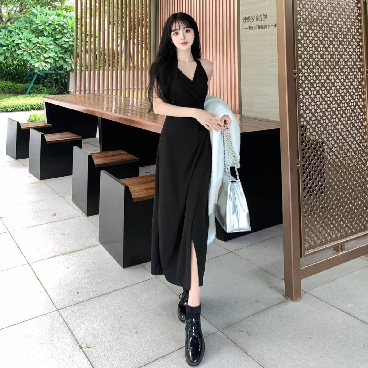 빅 사이즈 여성 의류 새로운 지방 mm 표지 배 슬림해 보이는 빨간색 슬립 롱 스커트 프랑스식 고급 행침 목 드레스 여름 상세 이미지 11