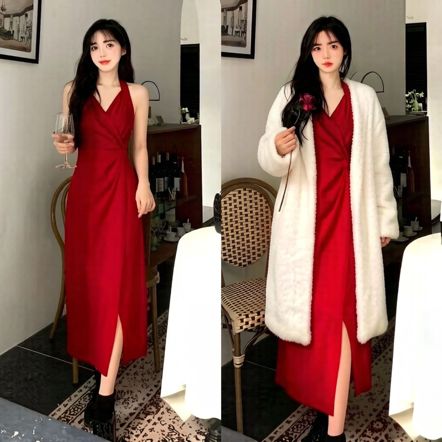 빅 사이즈 여성 의류 새로운 지방 mm 표지 배 슬림해 보이는 빨간색 슬립 롱 스커트 프랑스식 고급 행침 목 드레스 여름 상세 이미지 13