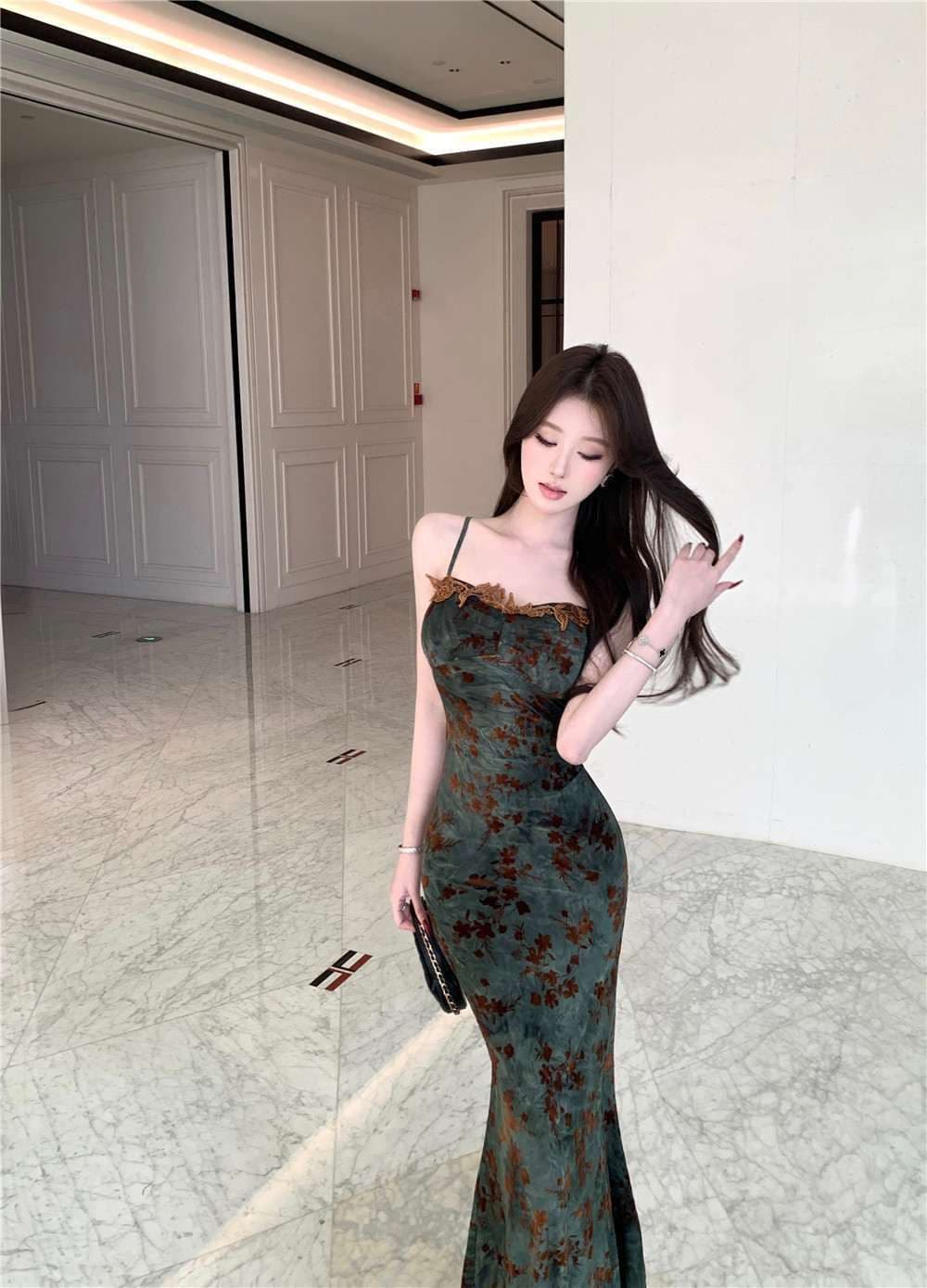 프랑스식 우아함 민소매 꽃무늬 드레스 섹시함 핫걸 몸매 가꾸기 허리 수축 슬림해 보이는 롱 스커트 고급 센스 품격 롱 스커트 상세 이미지 1