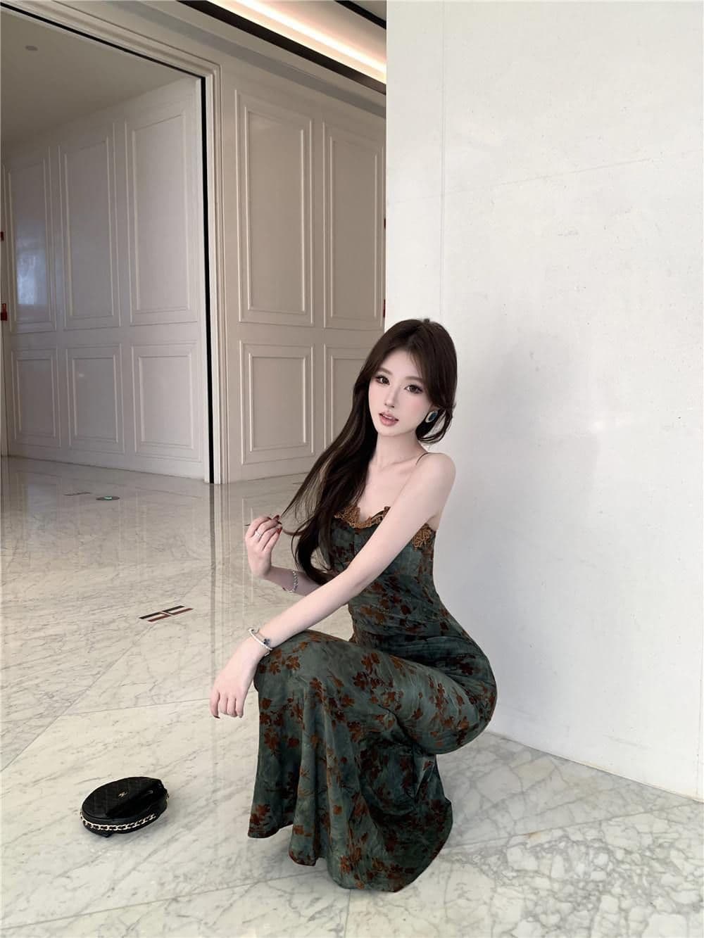 프랑스식 우아함 민소매 꽃무늬 드레스 섹시함 핫걸 몸매 가꾸기 허리 수축 슬림해 보이는 롱 스커트 고급 센스 품격 롱 스커트 상세 이미지 6
