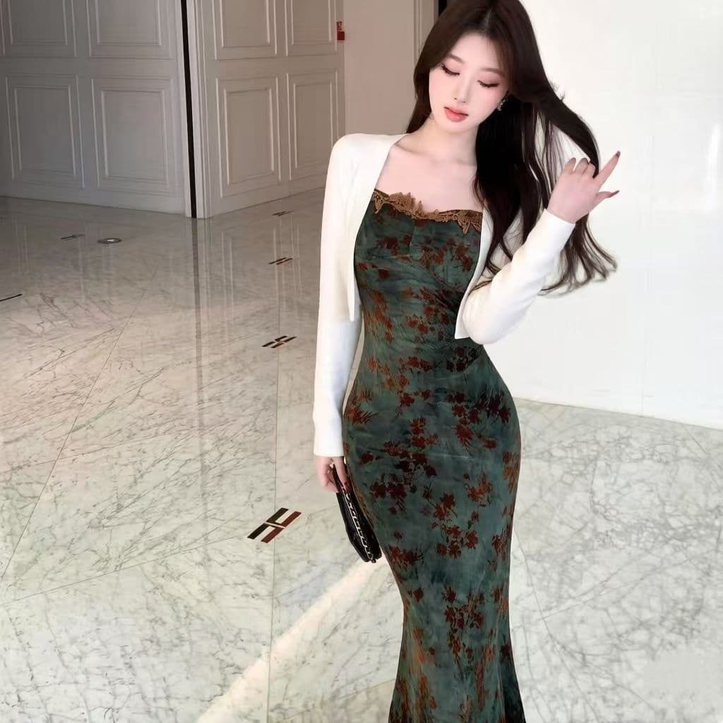 프랑스식 우아함 민소매 꽃무늬 드레스 섹시함 핫걸 몸매 가꾸기 허리 수축 슬림해 보이는 롱 스커트 고급 센스 품격 롱 스커트 상세 이미지 9