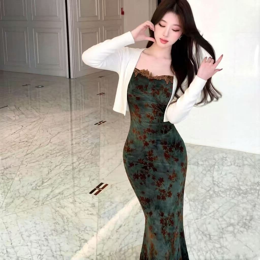 프랑스식 우아함 민소매 꽃무늬 드레스 섹시함 핫걸 몸매 가꾸기 허리 수축 슬림해 보이는 롱 스커트 고급 센스 품격 롱 스커트 상세 이미지 10