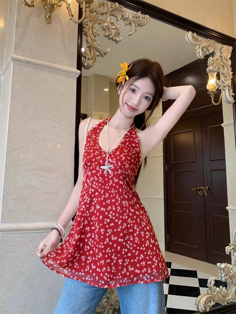 빨간색 꽃무늬 백리스 V넥 행침 목 여성 드레스 여름 몸매 가꾸기 쉬폰 치마 디자인 센스 허리 수축 한 마디 미니 스커트 이미지 4