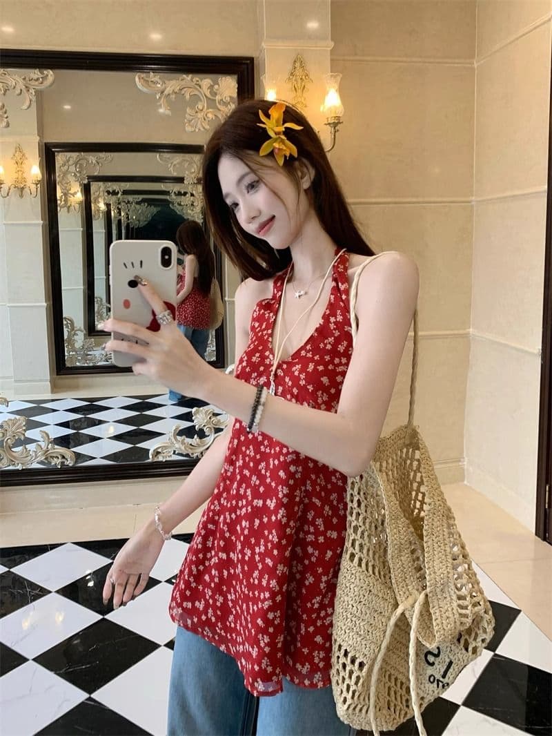 빨간색 꽃무늬 백리스 V넥 행침 목 여성 드레스 여름 몸매 가꾸기 쉬폰 치마 디자인 센스 허리 수축 한 마디 미니 스커트 이미지 3