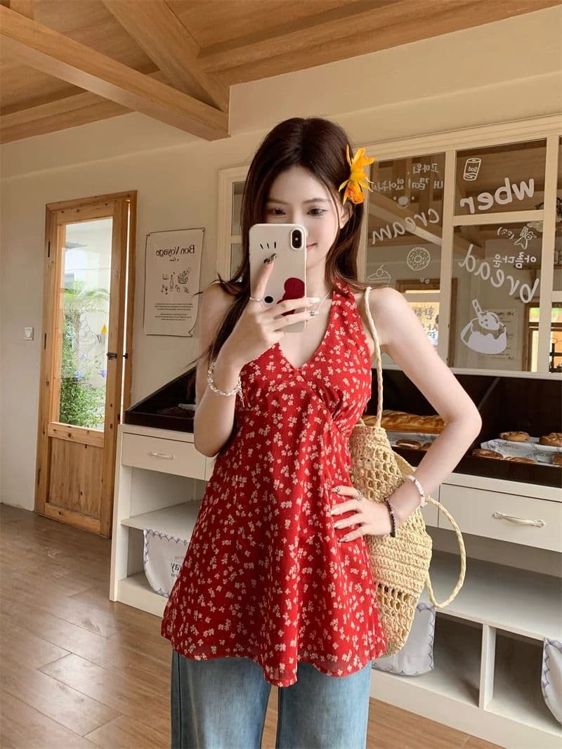 빨간색 꽃무늬 백리스 V넥 행침 목 여성 드레스 여름 몸매 가꾸기 쉬폰 치마 디자인 센스 허리 수축 한 마디 미니 스커트