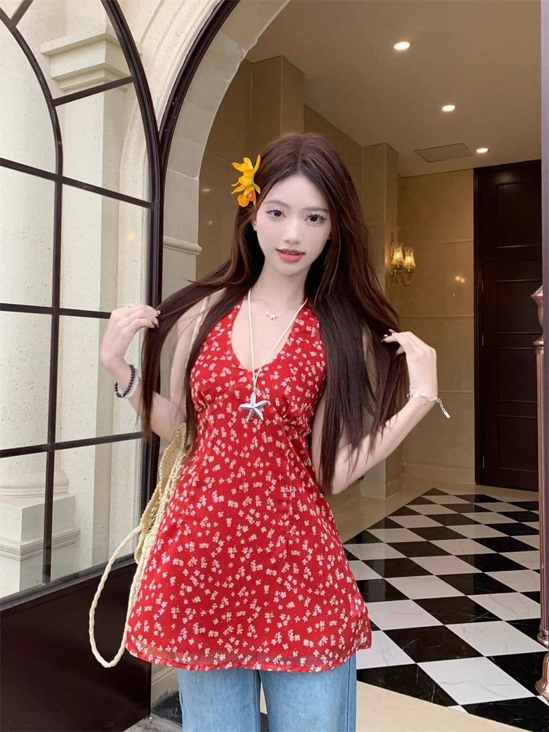 빨간색 꽃무늬 백리스 V넥 행침 목 여성 드레스 여름 몸매 가꾸기 쉬폰 치마 디자인 센스 허리 수축 한 마디 미니 스커트 상세 이미지 16