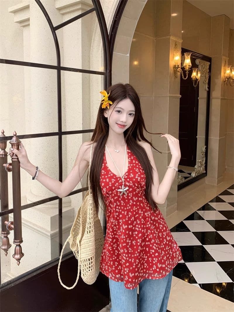 빨간색 꽃무늬 백리스 V넥 행침 목 여성 드레스 여름 몸매 가꾸기 쉬폰 치마 디자인 센스 허리 수축 한 마디 미니 스커트 상세 이미지 18