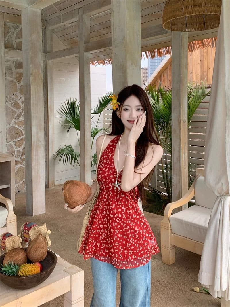 빨간색 꽃무늬 백리스 V넥 행침 목 여성 드레스 여름 몸매 가꾸기 쉬폰 치마 디자인 센스 허리 수축 한 마디 미니 스커트 상세 이미지 22