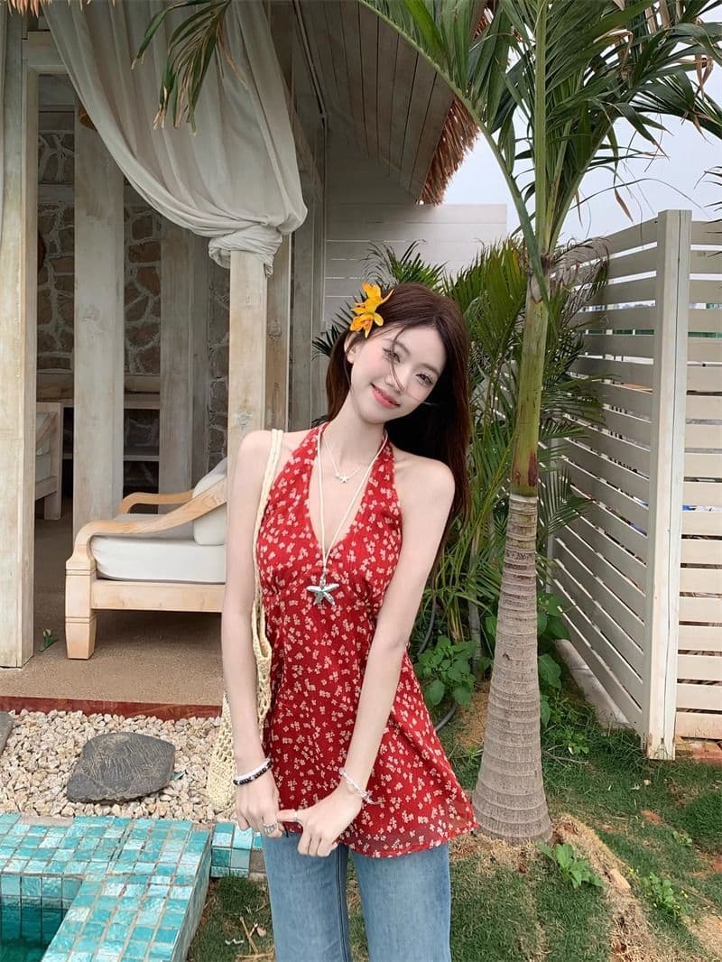 빨간색 꽃무늬 백리스 V넥 행침 목 여성 드레스 여름 몸매 가꾸기 쉬폰 치마 디자인 센스 허리 수축 한 마디 미니 스커트 상세 이미지 24