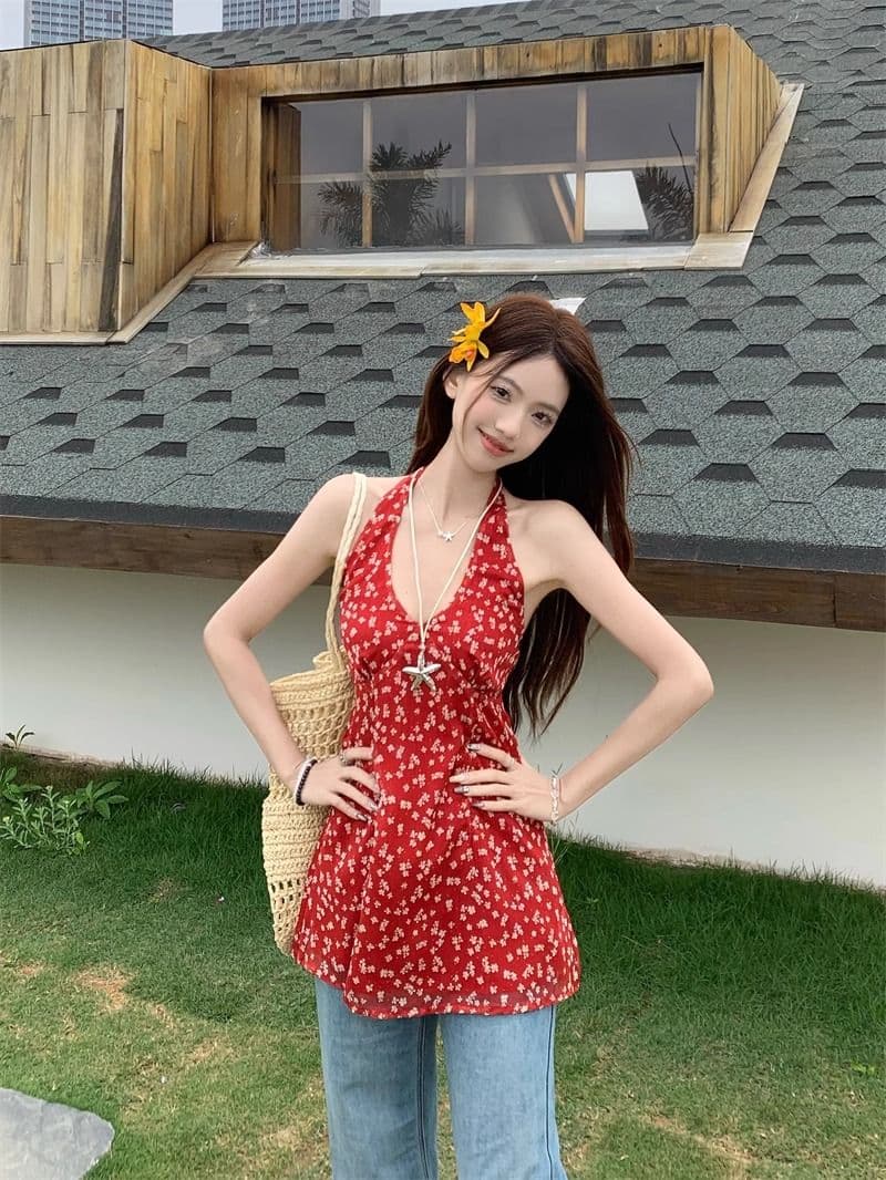 빨간색 꽃무늬 백리스 V넥 행침 목 여성 드레스 여름 몸매 가꾸기 쉬폰 치마 디자인 센스 허리 수축 한 마디 미니 스커트 상세 이미지 32