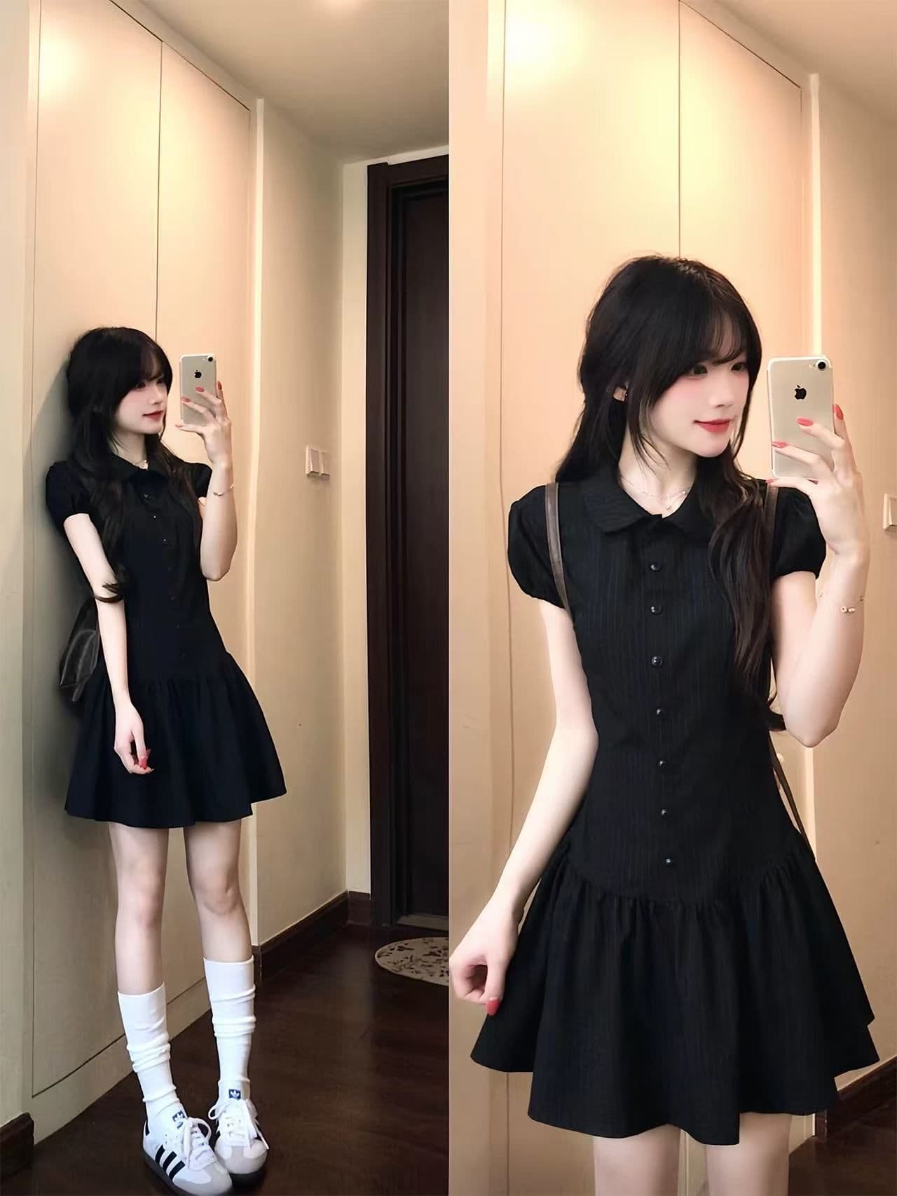 레트로 베이비 칼라 검정색 세로 줄무늬 여성 드레스 여름 새로운 반팔 몸매 가꾸기 학생 슬림해 보이는 짧은 치마