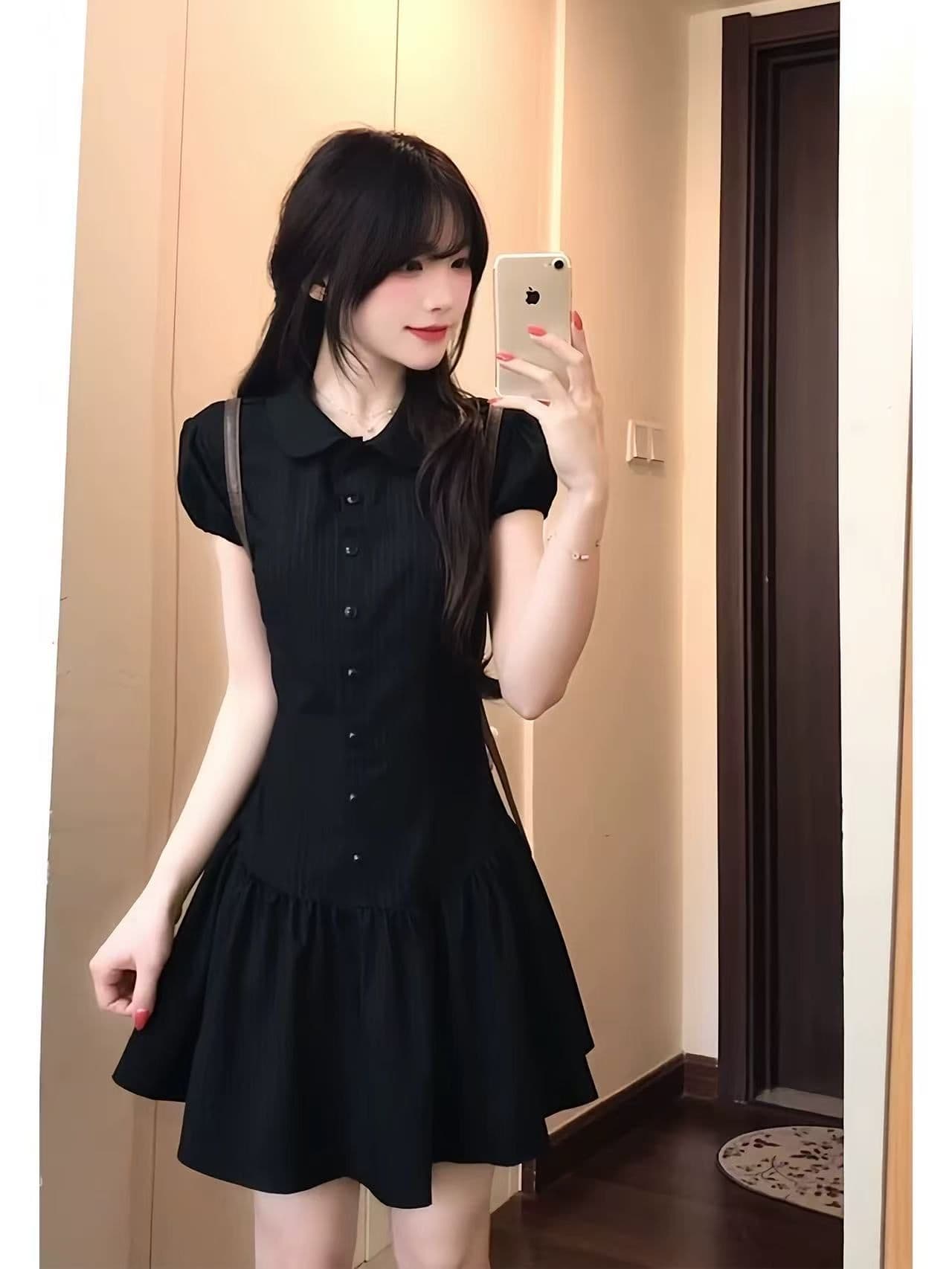 레트로 베이비 칼라 검정색 세로 줄무늬 여성 드레스 여름 새로운 반팔 몸매 가꾸기 학생 슬림해 보이는 짧은 치마 상세 이미지 3