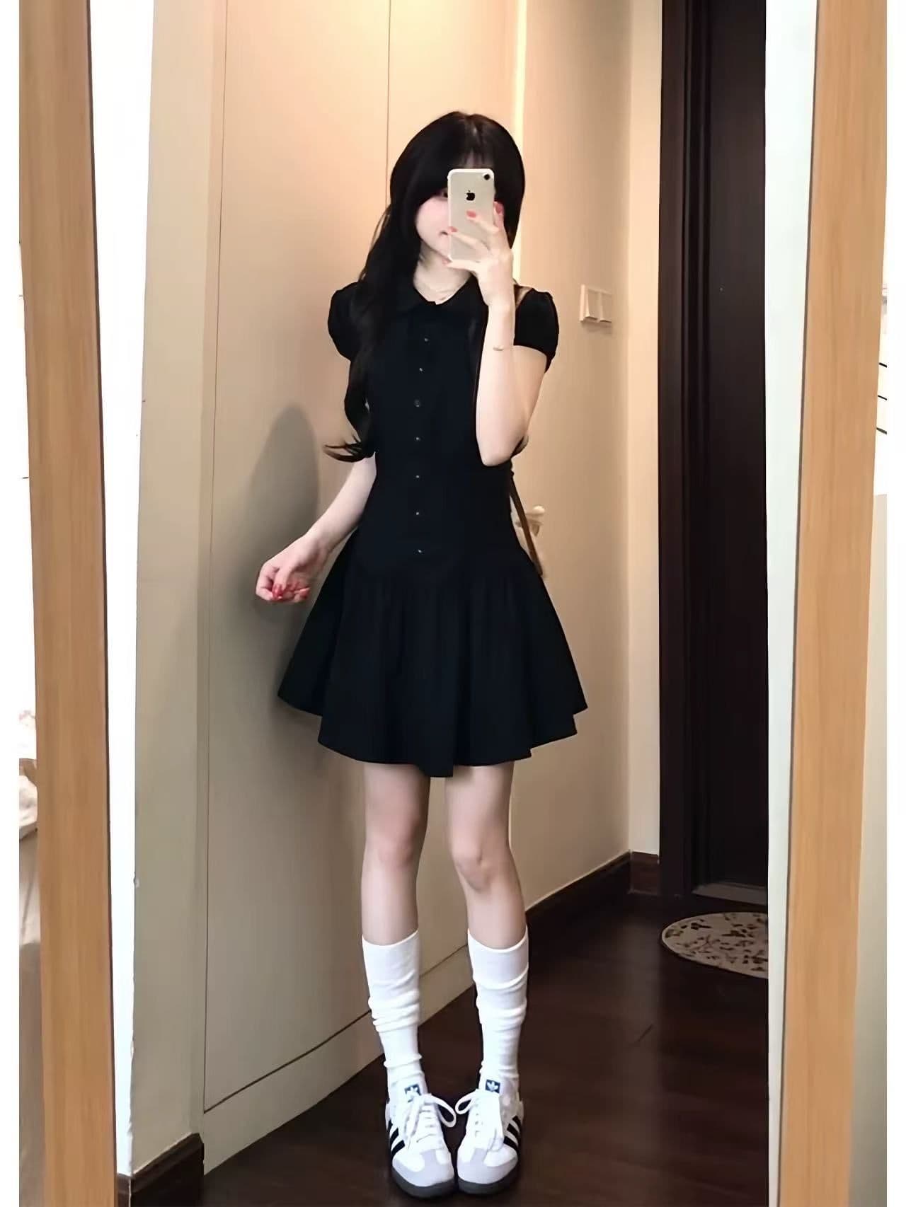 레트로 베이비 칼라 검정색 세로 줄무늬 여성 드레스 여름 새로운 반팔 몸매 가꾸기 학생 슬림해 보이는 짧은 치마 상세 이미지 5