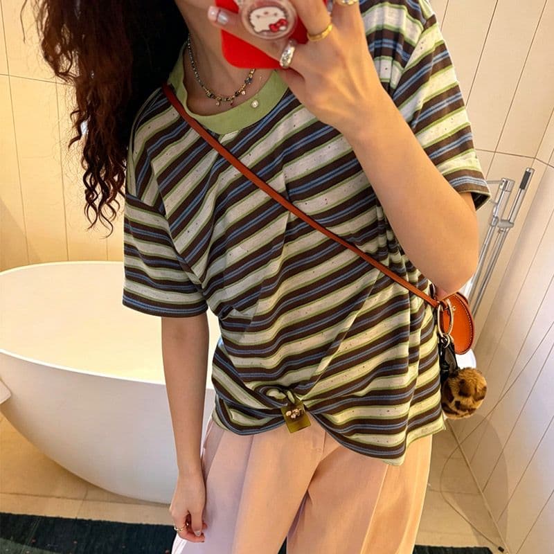 버터 과일 색상 일치 한 부서 느긋한 스트라이프 배색 반팔 티셔츠 여성 여름 와이드 느슨함 센스 맨위 이미지 4