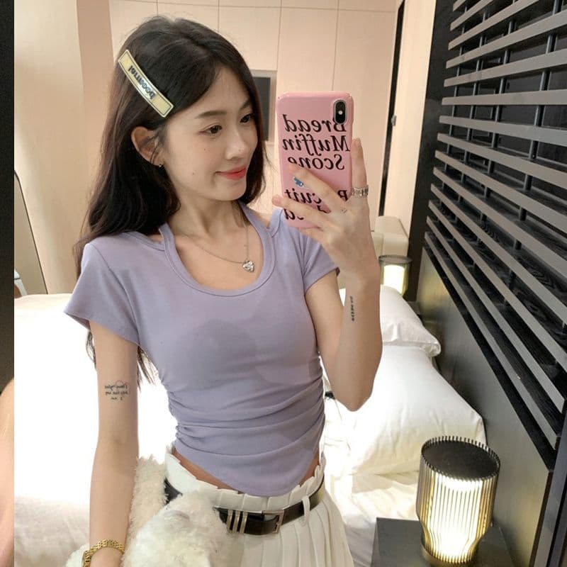 핫걸 레이스업 행침 목 반팔 긍정적 인 어깨 여성 티셔츠 여름 디자인 센스 불규칙 쇼트 스타일 맨위 이미지 3