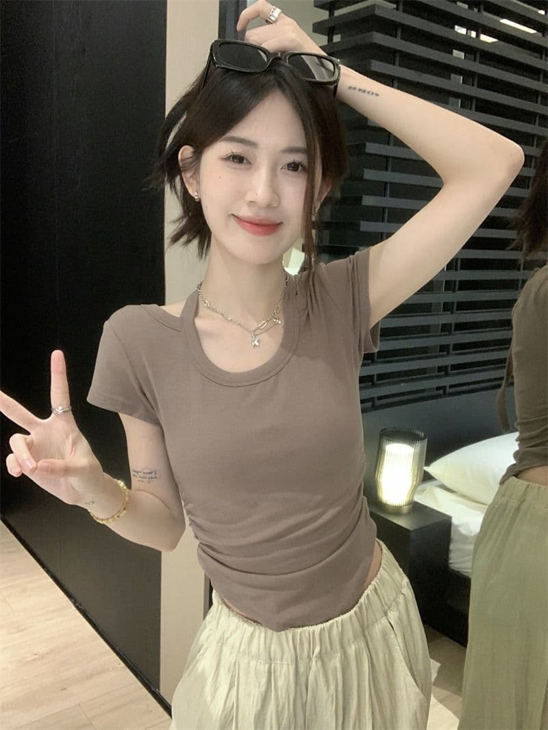 핫걸 레이스업 행침 목 반팔 긍정적 인 어깨 여성 티셔츠 여름 디자인 센스 불규칙 쇼트 스타일 맨위 상세 이미지 6
