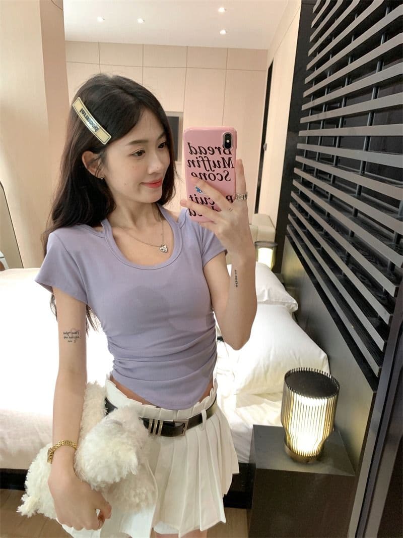 핫걸 레이스업 행침 목 반팔 긍정적 인 어깨 여성 티셔츠 여름 디자인 센스 불규칙 쇼트 스타일 맨위 상세 이미지 11