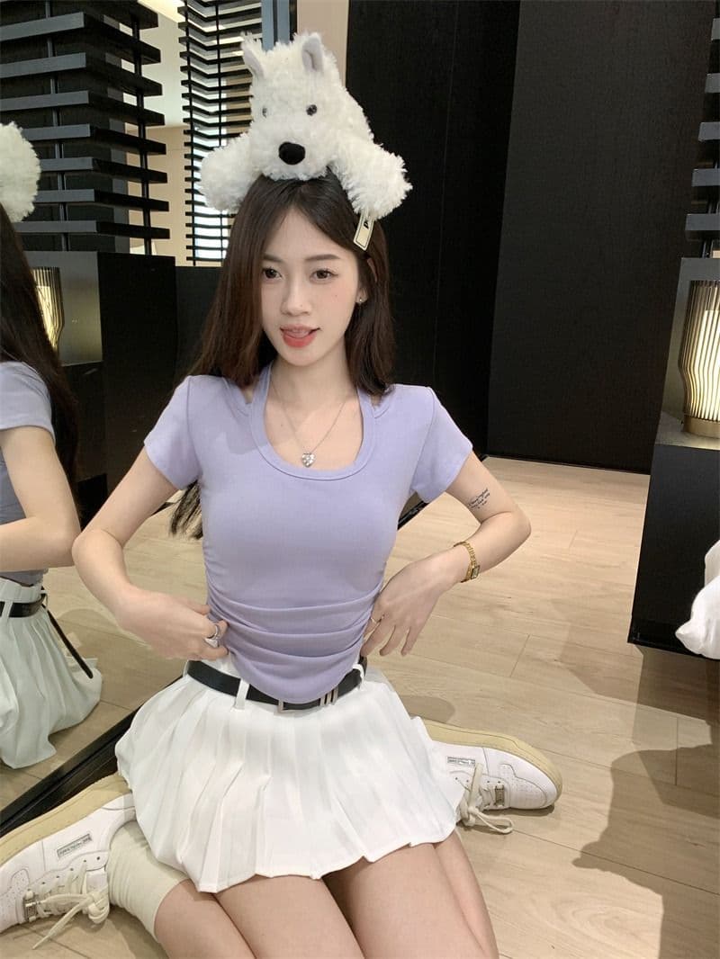 핫걸 레이스업 행침 목 반팔 긍정적 인 어깨 여성 티셔츠 여름 디자인 센스 불규칙 쇼트 스타일 맨위 상세 이미지 13