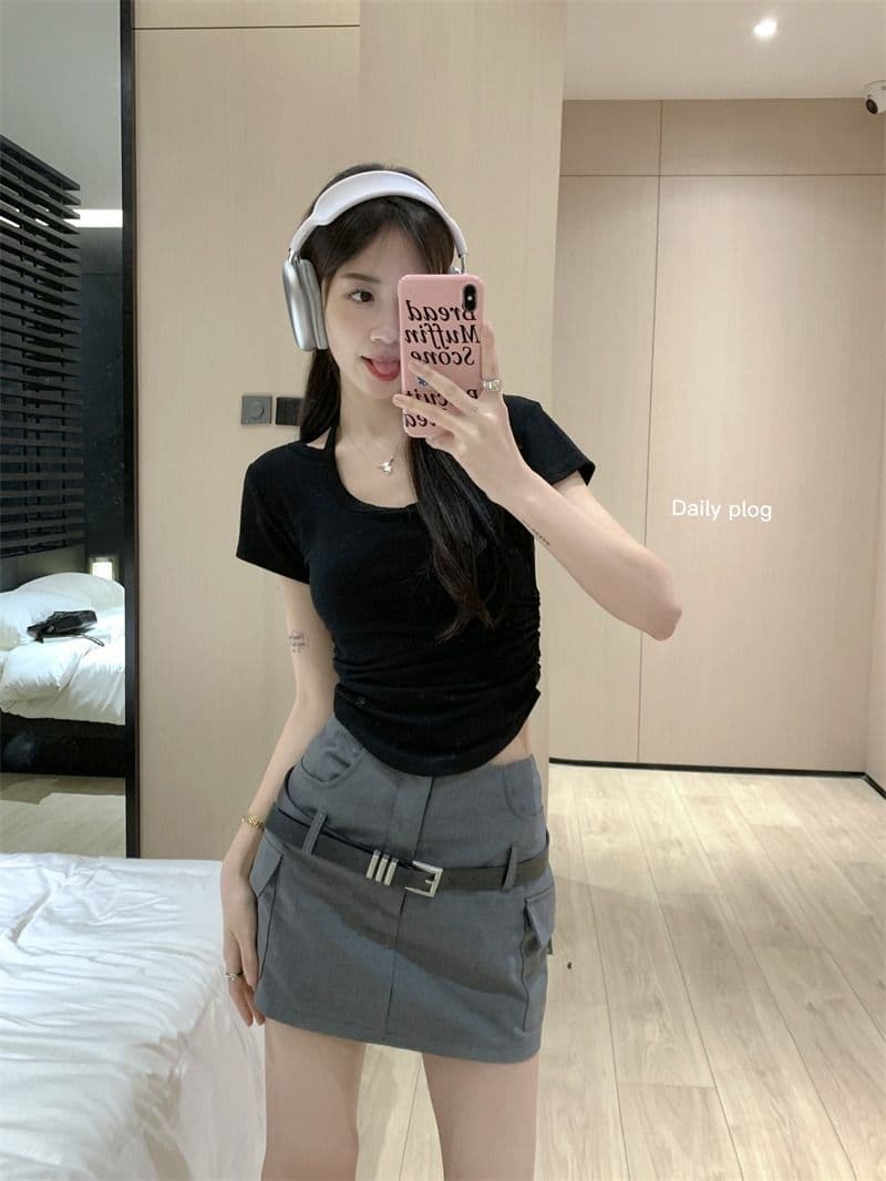 핫걸 레이스업 행침 목 반팔 긍정적 인 어깨 여성 티셔츠 여름 디자인 센스 불규칙 쇼트 스타일 맨위 상세 이미지 14