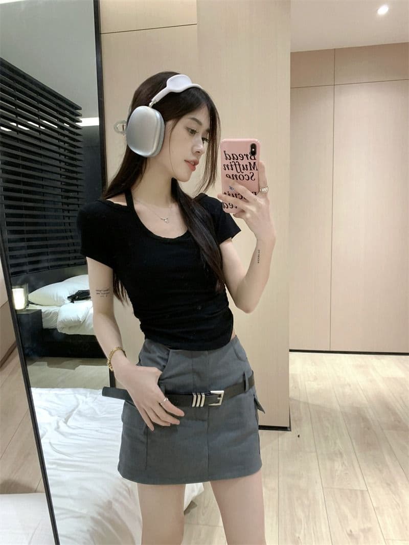 핫걸 레이스업 행침 목 반팔 긍정적 인 어깨 여성 티셔츠 여름 디자인 센스 불규칙 쇼트 스타일 맨위 상세 이미지 16