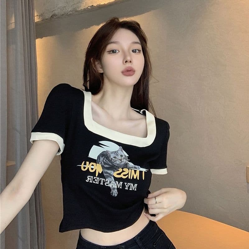 쇼트 스타일 아메리칸 레트로 몸매 가꾸기 작은 대중 프린트 검정색 광장 칼라 긍정적 인 어깨 반팔 티셔츠 여성 여름 맨위 이미지 4