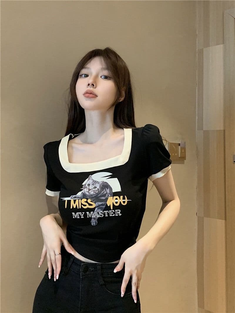쇼트 스타일 아메리칸 레트로 몸매 가꾸기 작은 대중 프린트 검정색 광장 칼라 긍정적 인 어깨 반팔 티셔츠 여성 여름 맨위 상세 이미지 2