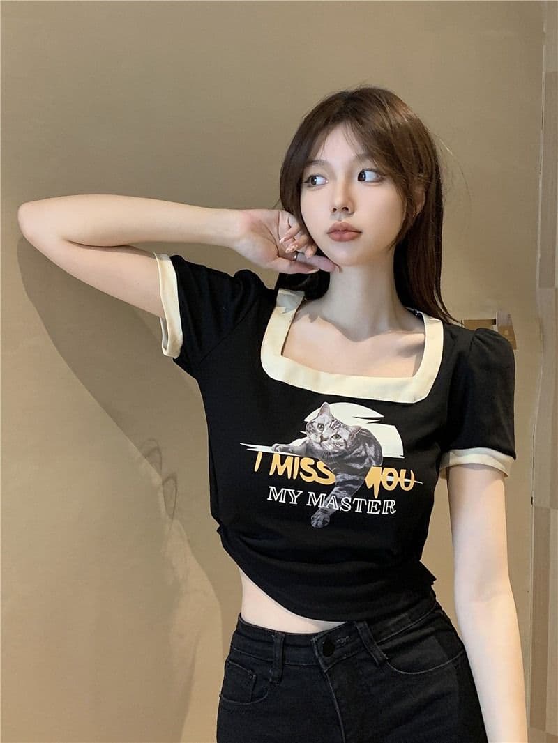 쇼트 스타일 아메리칸 레트로 몸매 가꾸기 작은 대중 프린트 검정색 광장 칼라 긍정적 인 어깨 반팔 티셔츠 여성 여름 맨위 상세 이미지 5