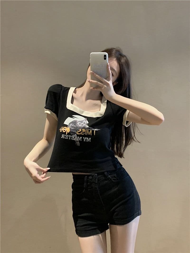 쇼트 스타일 아메리칸 레트로 몸매 가꾸기 작은 대중 프린트 검정색 광장 칼라 긍정적 인 어깨 반팔 티셔츠 여성 여름 맨위 상세 이미지 11